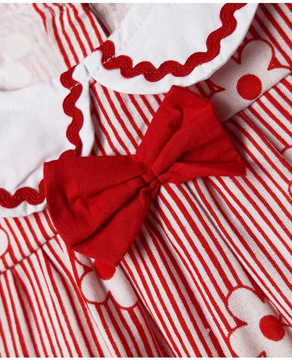 Babyhug Rayon Woven Sleeveless Striped Peter Pan Collared Top with Bow Applique & Floral Print - Red
