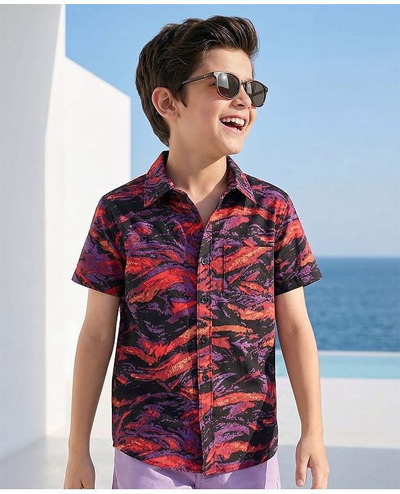 Pine Kids Viscose Woven Half Sleeves Marble Printed Shirt - Multicolour