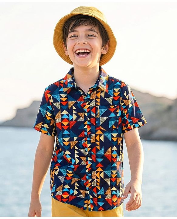 Pine Kids Viscose Woven Half Sleeves Shirt With Abstract Print - Multicolour