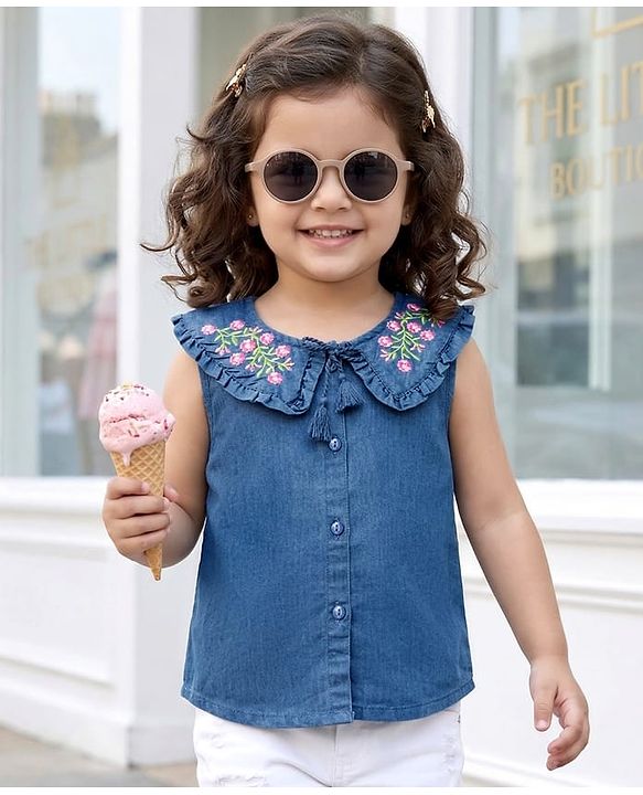 Babyhug Sleeveless Front Open Peter Pan Collared Denim Top with Floral Embroidery - Navy Blue