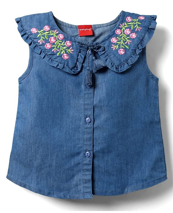 Babyhug Sleeveless Front Open Peter Pan Collared Denim Top with Floral Embroidery - Navy Blue