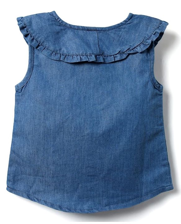 Babyhug Sleeveless Front Open Peter Pan Collared Denim Top with Floral Embroidery - Navy Blue