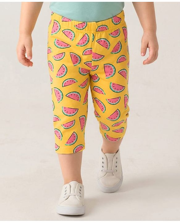 Babyhug Cotton Lycra Knit Three Fourth Fruit Printed Leggings Pack of 3 - Pink Yellow & White