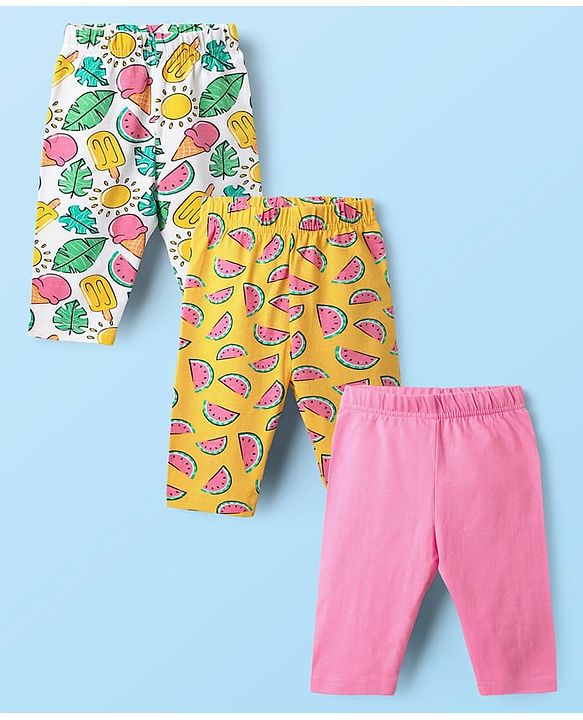 Babyhug Cotton Lycra Knit Three Fourth Fruit Printed Leggings Pack of 3 - Pink Yellow & White