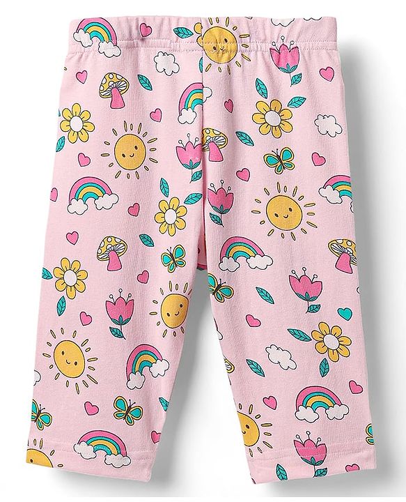 Babyhug Cotton Lycra Knit Three Fourth Leggings with Heart & Floral Print Pack of 3 - Yellow & Pink