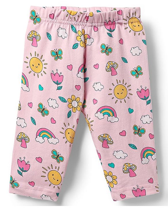 Babyhug Cotton Lycra Knit Three Fourth Leggings with Heart & Floral Print Pack of 3 - Yellow & Pink