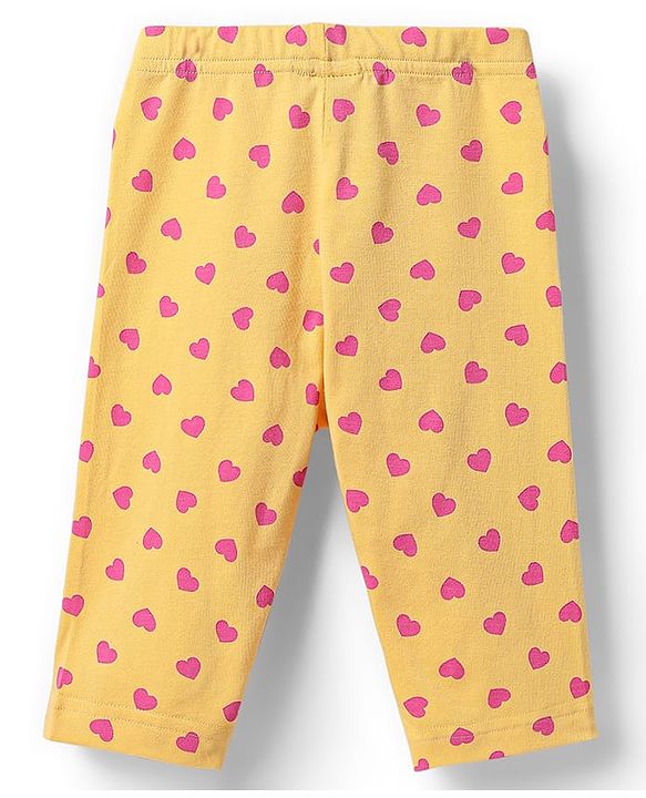 Babyhug Cotton Lycra Knit Three Fourth Leggings with Heart & Floral Print Pack of 3 - Yellow & Pink