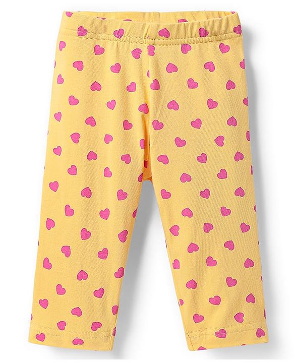 Babyhug Cotton Lycra Knit Three Fourth Leggings with Heart & Floral Print Pack of 3 - Yellow & Pink