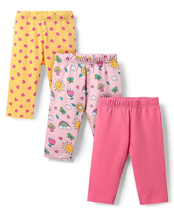 Babyhug Cotton Lycra Knit Three Fourth Leggings with Heart & Floral Print Pack of 3 - Yellow & Pink