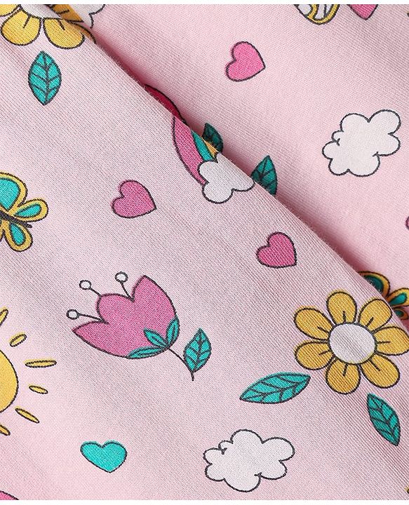 Babyhug Cotton Lycra Knit Three Fourth Leggings with Heart & Floral Print Pack of 3 - Yellow & Pink