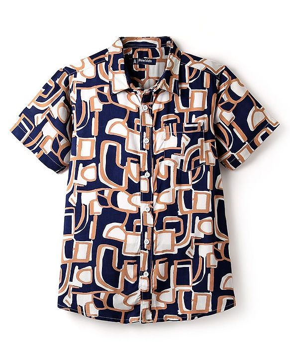Pine Kids Viscose Woven Half Sleeves Abstract Printed Shirt - Navy Blue