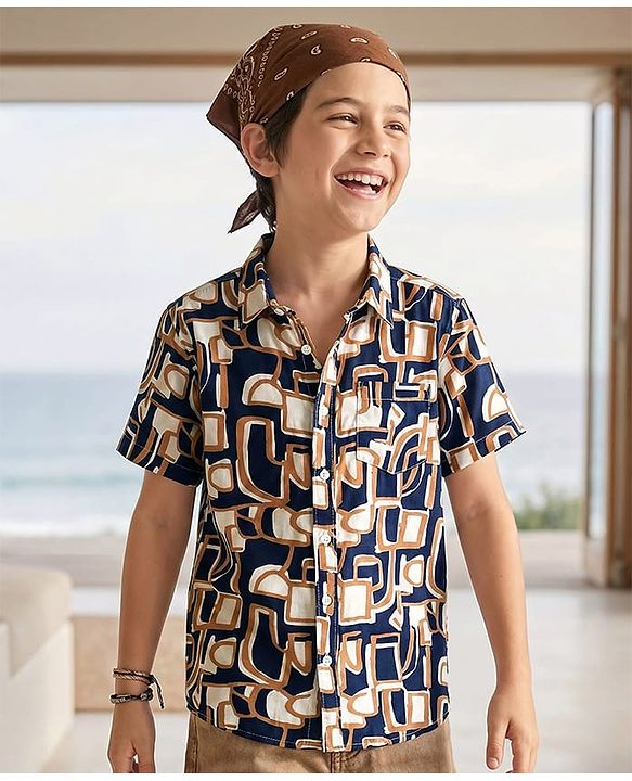 Pine Kids Viscose Woven Half Sleeves Abstract Printed Shirt - Navy Blue