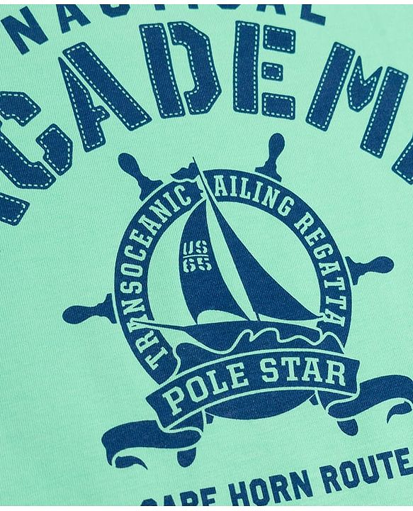 Pine Kids Cotton Knit Half Sleeves T-Shirt with Nautical Theme Print - Mint