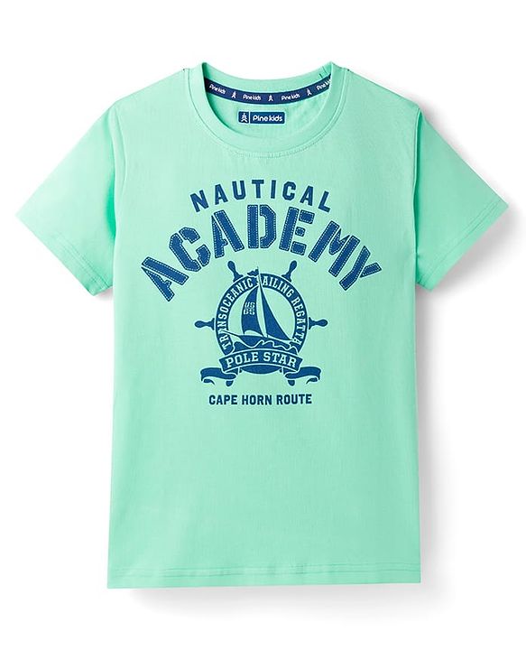 Pine Kids Cotton Knit Half Sleeves T-Shirt with Nautical Theme Print - Mint