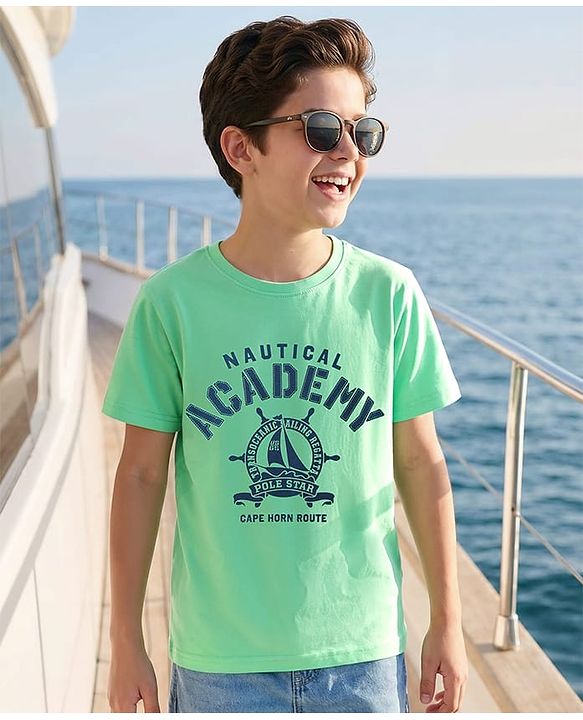 Pine Kids Cotton Knit Half Sleeves T-Shirt with Nautical Theme Print - Mint