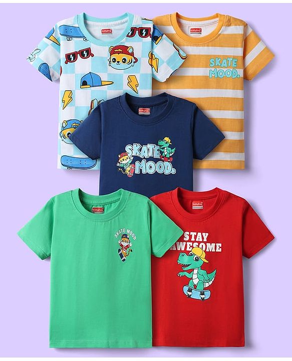 Babyhug 100% Cotton Knit Half Sleeves Striped T-Shirts with Animal Print Pack of 5 - Multicolor