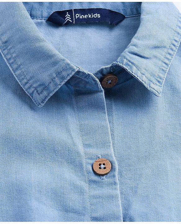 Pine Kids Cotton Woven Full Sleeves Solid Coloured Shirt Dress With One Sided Jacket - Light Blue