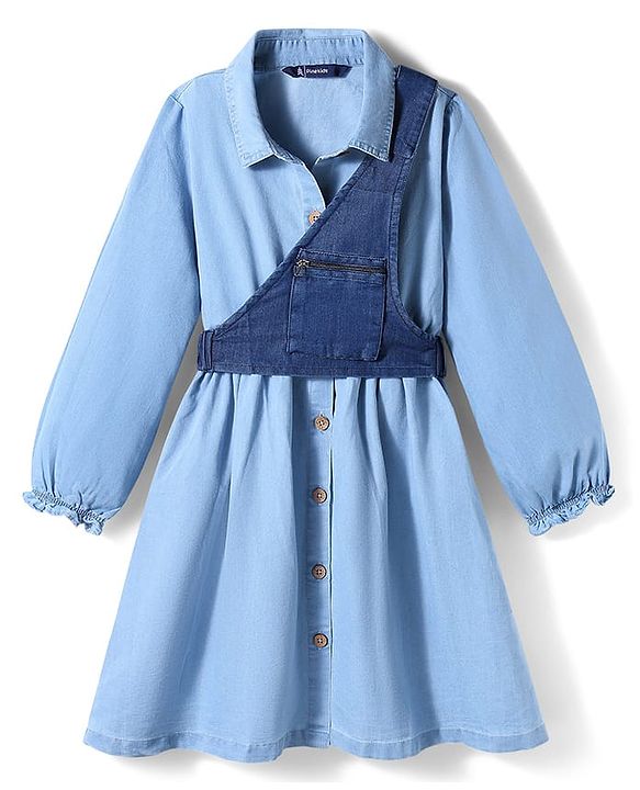 Pine Kids Cotton Woven Full Sleeves Solid Coloured Shirt Dress With One Sided Jacket - Light Blue