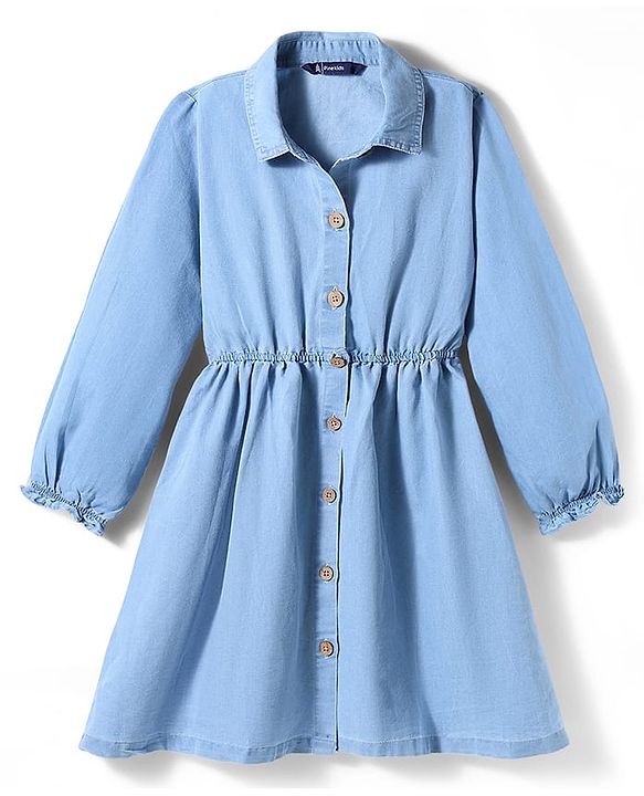 Pine Kids Cotton Woven Full Sleeves Solid Coloured Shirt Dress With One Sided Jacket - Light Blue