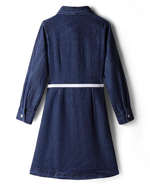 Pine Kids Cotton Woven Full Sleeves Solid Color Shirt Dress & Belt - Navy Blue
