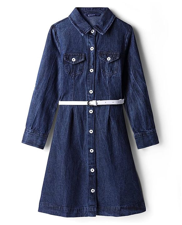 Pine Kids Cotton Woven Full Sleeves Solid Color Shirt Dress & Belt - Navy Blue