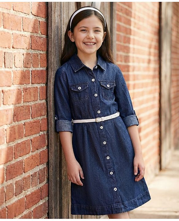 Pine Kids Cotton Woven Full Sleeves Solid Color Shirt Dress & Belt - Navy Blue