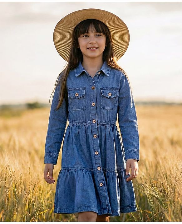 Pine Kids Cotton Woven Full Sleeves Solid Shirt Dress - Blue