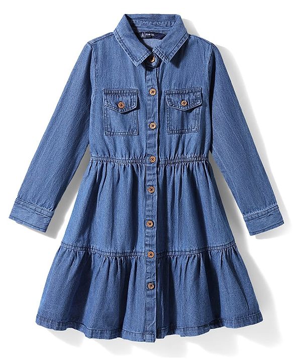 Pine Kids Cotton Woven Full Sleeves Solid Shirt Dress - Blue