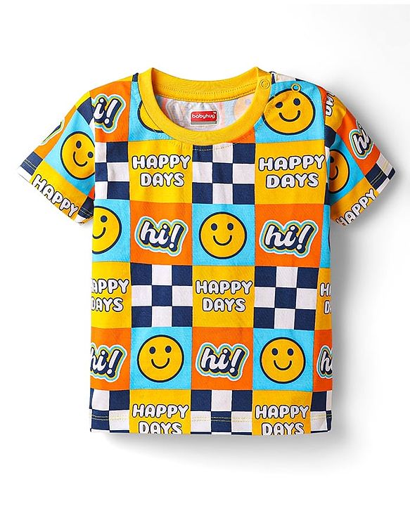 Babyhug 100% Cotton Knit Half Sleeves T-Shirt with Stripes & Smiley Print Pack of 5 - Red & Navy Blue