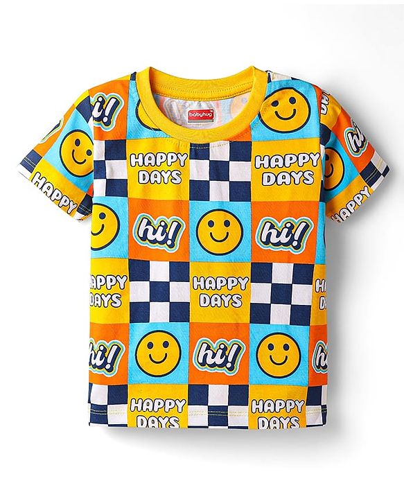 Babyhug 100% Cotton Knit Half Sleeves T-Shirt with Stripes & Smiley Print Pack of 5 - Red & Navy Blue