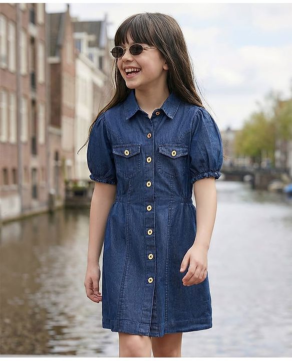Pine Kids Cotton Knit Half Sleeves Solid Shirt Dress - Navy Blue
