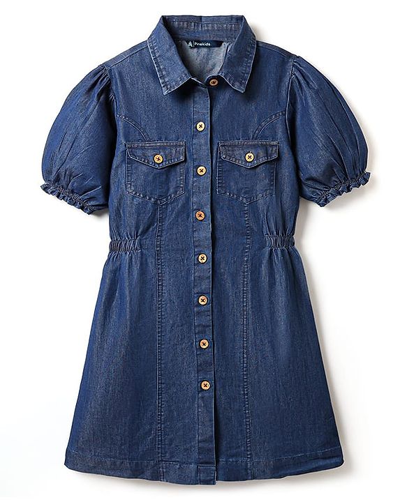 Pine Kids Cotton Knit Half Sleeves Solid Shirt Dress - Navy Blue