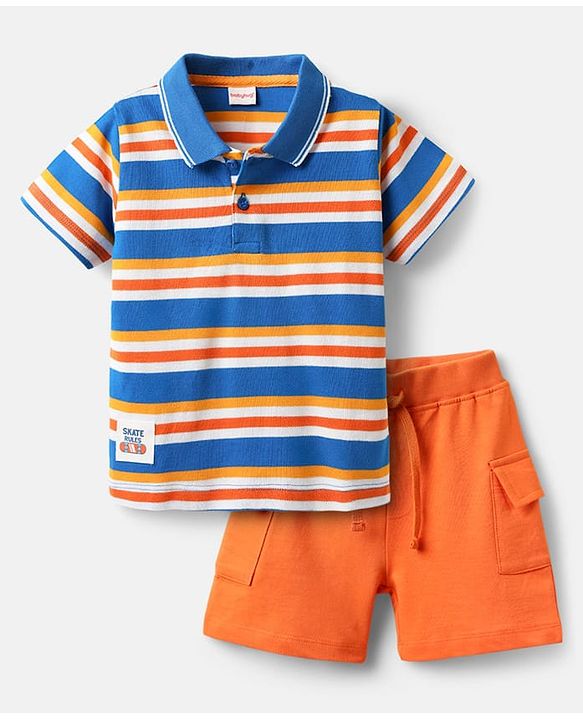 Babyhug Single Jersey Knit Half Sleeves Polo T-Shirt & Shorts Set with Stripes - Orange & Blue