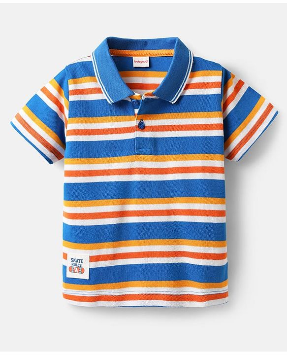 Babyhug Single Jersey Knit Half Sleeves Polo T-Shirt & Shorts Set with Stripes - Orange & Blue