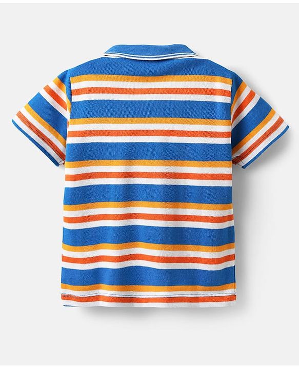 Babyhug Single Jersey Knit Half Sleeves Polo T-Shirt & Shorts Set with Stripes - Orange & Blue
