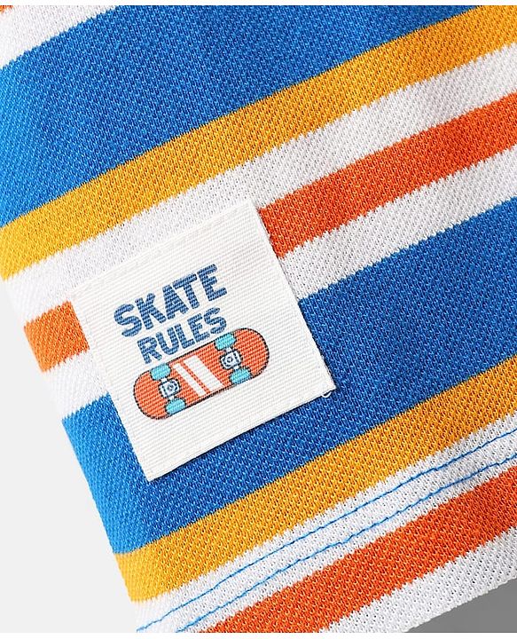 Babyhug Single Jersey Knit Half Sleeves Polo T-Shirt & Shorts Set with Stripes - Orange & Blue