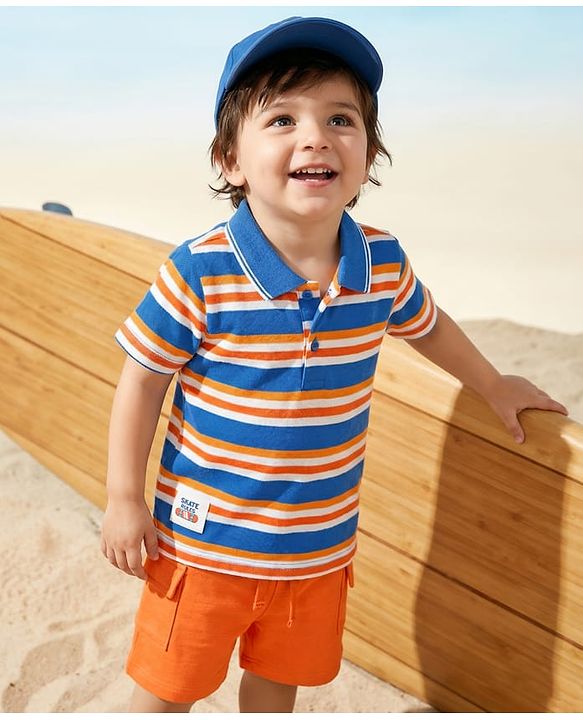 Babyhug Single Jersey Knit Half Sleeves Polo T-Shirt & Shorts Set with Stripes - Orange & Blue