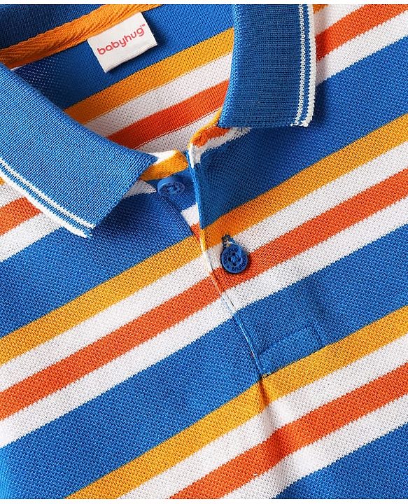 Babyhug Single Jersey Knit Half Sleeves Polo T-Shirt & Shorts Set with Stripes - Orange & Blue