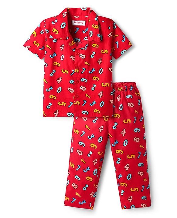 Babyhug Cotton Woven Half Sleeves Co-ords Front Open Night Suit With Number Print - Red