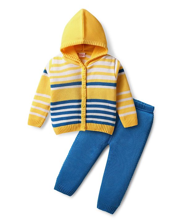 Babyhug Full Sleeves Hooded Front Open Sweater Set With Stripes Design - Golden & Blue