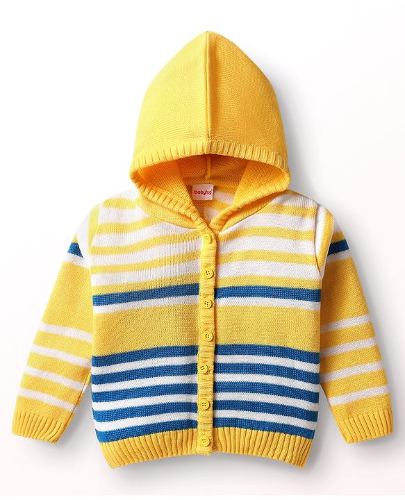 Babyhug Full Sleeves Hooded Front Open Sweater Set With Stripes Design - Golden & Blue