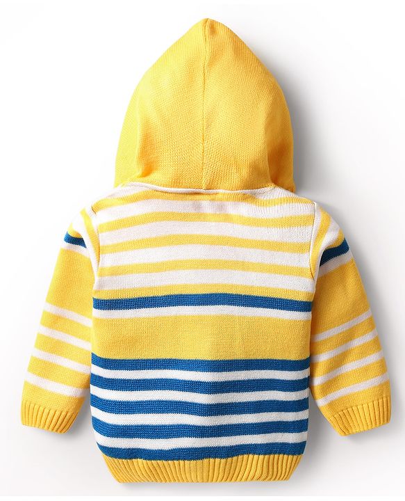 Babyhug Full Sleeves Hooded Front Open Sweater Set With Stripes Design - Golden & Blue