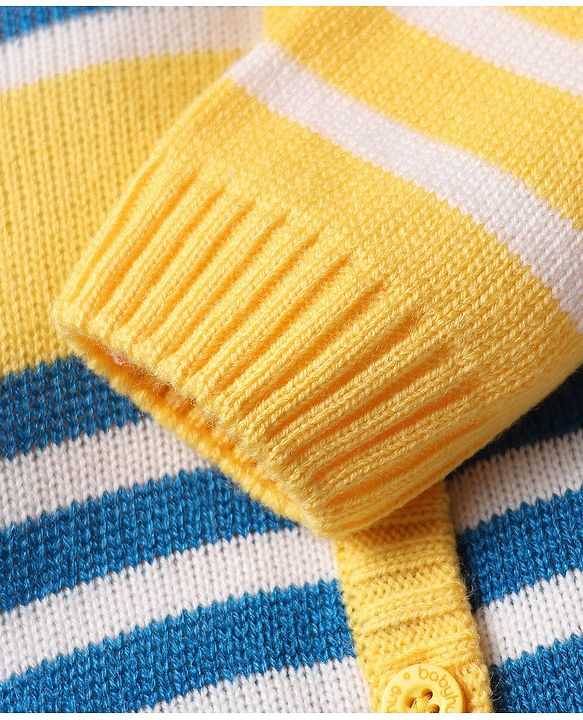 Babyhug Full Sleeves Hooded Front Open Sweater Set With Stripes Design - Golden & Blue