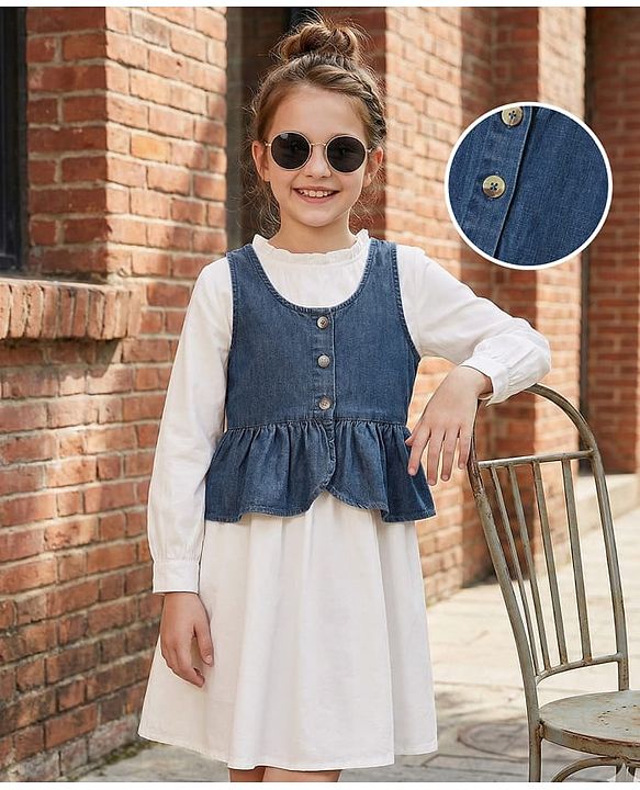 Pine Kids Cotton Woven Full Sleeves Frock With Jacket - White