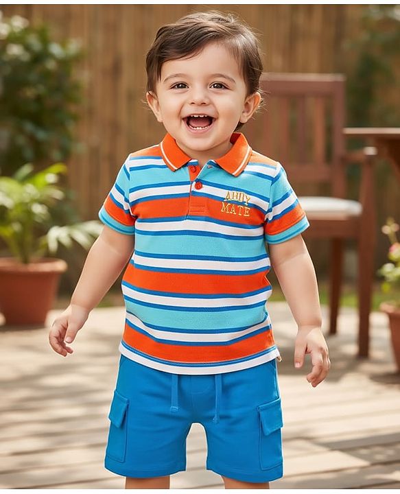 Babyhug Single Jersey Knit Half Sleeves T-Shirt & Shorts Set With Stripes - Light Blue