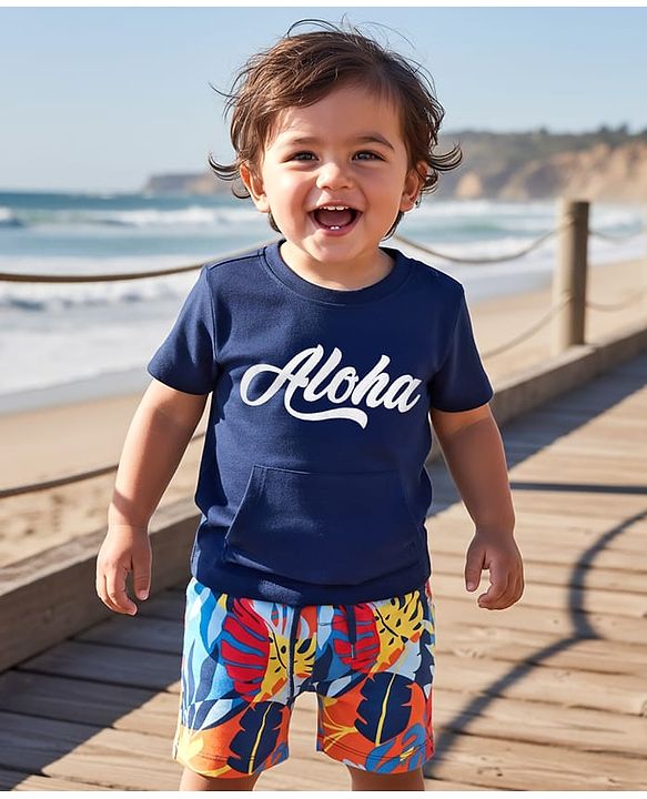 Babyhug Single Jersey Knit Half Sleeves T-Shirt and Shorts Set with Aloha Text Print - Navy Blue