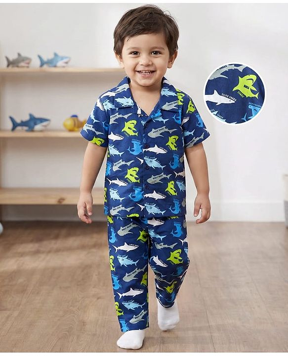 Babyhug Cotton Woven Half Sleeves Co-ords Front Open Night Suit With Fish Print - Navy Blue
