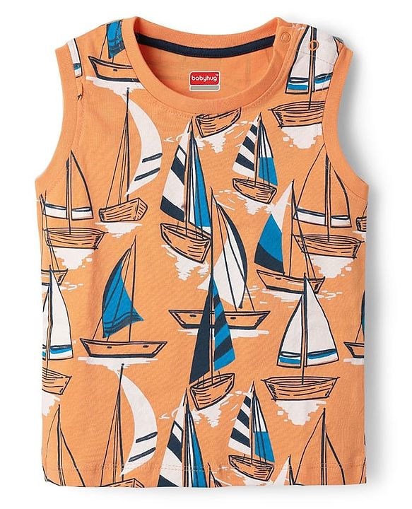 Babyhug Single Jersey Knit Sleeveless Tank T-Shirt & Shorts Set With Nautical Print Theme - Orange & Navy Blue