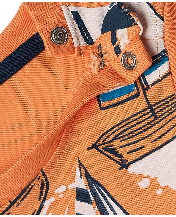 Babyhug Single Jersey Knit Sleeveless Tank T-Shirt & Shorts Set With Nautical Print Theme - Orange & Navy Blue