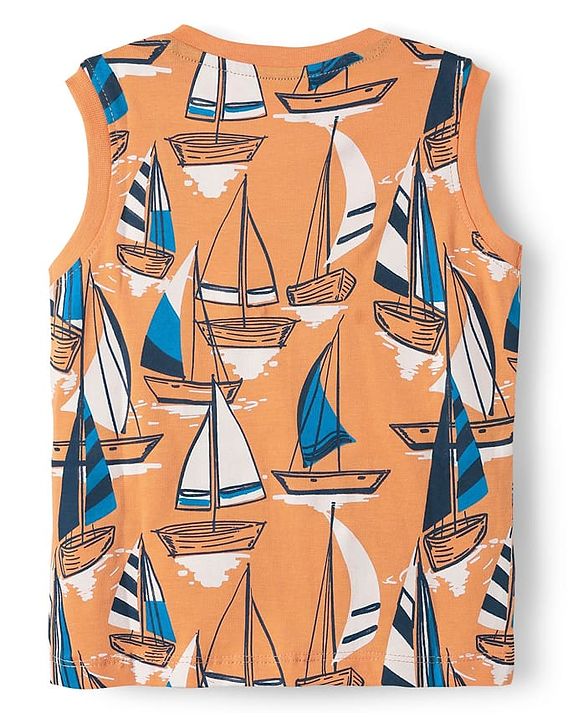 Babyhug Single Jersey Knit Sleeveless Tank T-Shirt & Shorts Set With Nautical Print Theme - Orange & Navy Blue